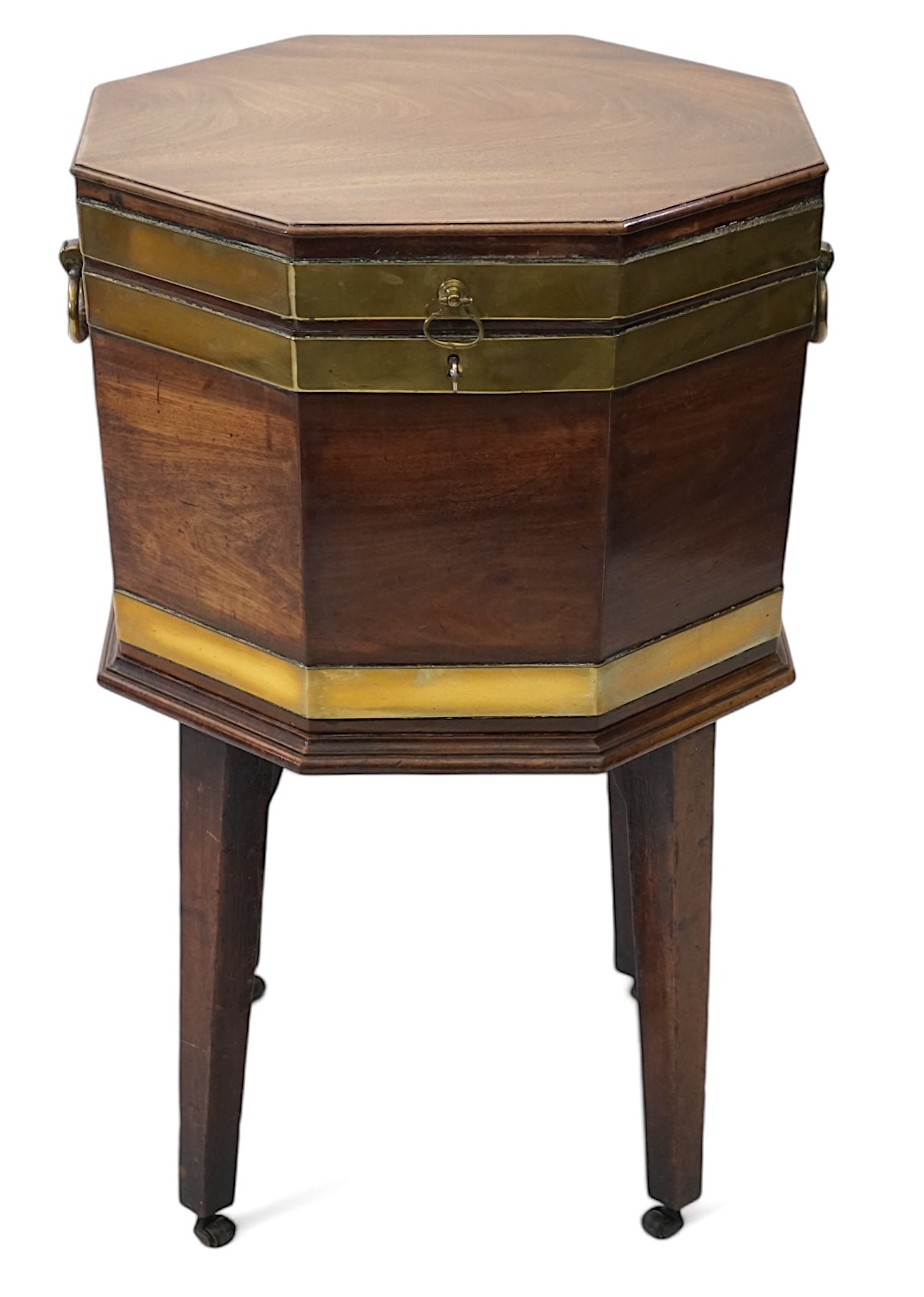 A George III mahogany triple brass banded octagonal cellarette